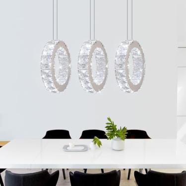 Imagem de Buccleuch Lustre de cristal de 3 anéis, luz pendente de LED regulável de 25 cm de diâmetro do anel, luz de teto de cristal K9 de aço inoxidável com certificação UL para sala de jantar, sala de estar