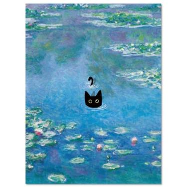 Imagem de MINI ZOZI Pintura de gato preto Monet arte famosa vintage 12x16 nenúfares com pôsteres de arte de parede em tela engraçada pinturas com tema de gatos grandes impressão sem moldura