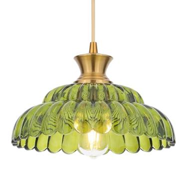 Imagem de Mgcanyu Luzes pendentes de vidro verde, iluminação vintage de 30 cm, lustre de vidro moderno dourado escovado para teto suspenso para cozinha, ilha, sala de jantar, restaurante, hall de entrada