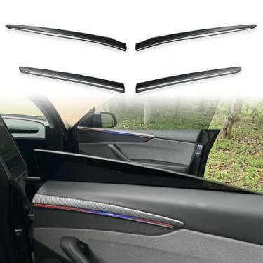 Imagem de YJMOTOR Ajuste Tesla Modelo Y Juniper Forint Painel de Porta Guarnição para 2025 2026 Modelo Y Juniper Porta Traseira Interior Painel de Braço Acessórios Decorativos 4 Peças (Padrão de Carbono Fosco)