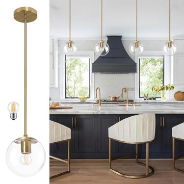 Imagem de Bagood Luz pendente globo de 15 cm dourado luz pendente de meados do século contemporâneo globo luzes pendentes ilha de cozinha vidro transparente com acabamento em latão luminária suspensa ajustável