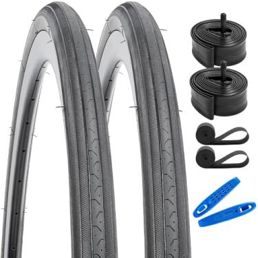 Imagem de YUNSCM 2 peças de pneus de bicicleta de estrada 27 x 1 1/4 (32-630) e 68.6 cm tubos de bicicleta resistentes válvula Schrader com 2 tiras de aro compatível com pneus e tubos de bicicleta de 27 x 1 1/4