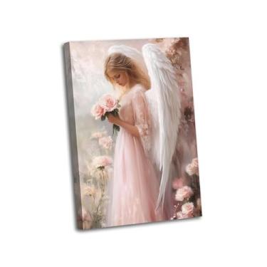Imagem de ZHOUWALLPIC Decoração de parede com imagem de anjo pinturas brancas de anjo e asas rosa buquê pôsteres para decoração de casa de corredor (Retrato - 5,30 cm C x 45,7 cm L)