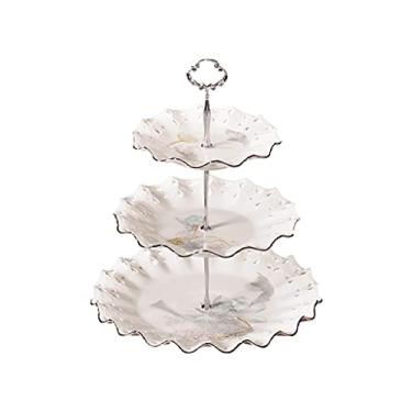 Imagem de Suporte de bolo, expositor de prato de bolo, giratório, suporte de frutas para bolo, prato de frutas chinesas, prato de cerâmica de três camadas, prato de bolo para chá da tarde, suporte de sobremesa
