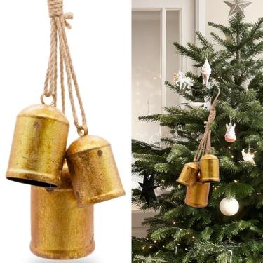 Imagem de Sinos de Natal para decoração, sinos decorativos, conjunto de 3 sinos de vaca harmonia, sinos de metal vintage rústicos para pendurar com corda de juta, dourado