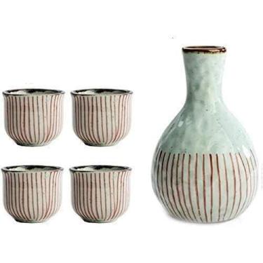 Imagem de Conjunto de copos de saquê conjunto de saquê japonês de 5 peças conjunto de saquê japonês, 1 garrafa de saquê de 397 g e 4 peças de copos de saquê de 48 g, design de listras verticais vermelhas retrô