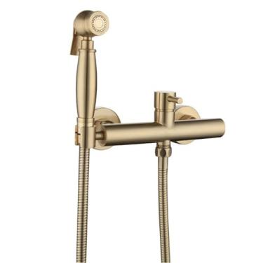 Imagem de ifgswopq Pulverizador de bidê para vaso sanitário dourado escovado spray de vaso sanitário portátil quente e frio kit de jato todo cobre pressurizado descarga, ouro escovado (ouro escovado)