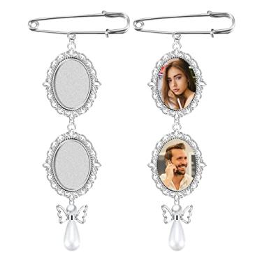 Imagem de 2 peças de berloques para fotos de buquê de casamento com 4 peças de cabochão de vidro oval, porta-retratos de buquê de estética clássica com design rendado para artesanato DIY (pingente de borboleta