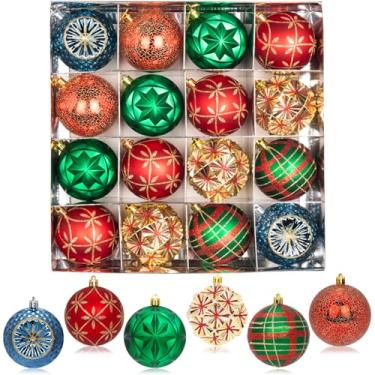 Imagem de Conjunto de enfeites de bola de Natal de 8 cm vermelho verde dourado azul, 16 unidades luxuosas pintadas à mão, grandes lâmpadas penduradas à mão, a granel para decoração de feriado de guirlanda de