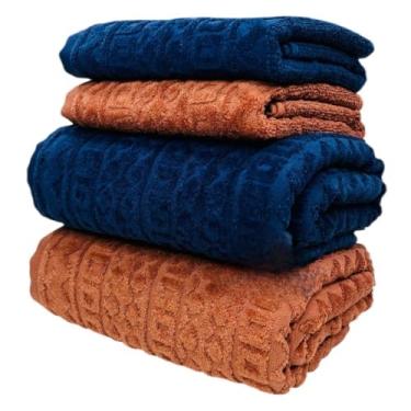 Imagem de Toalha de Banho Gigante, Jogo/Kit 4 Toalhas (2 Banho + 2 Rosto) Macia Algodão Luxo Barra Aveludada Alta Absorção(Marinho + Telha)