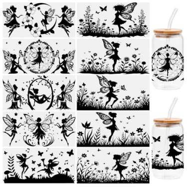 Imagem de 10 folhas de adesivos de transferência DTF UV Butterfly Fairy para copo de vidro Libbey, decalques à prova d'água, etiqueta adesiva de plástico para decoração de garrafas e copos