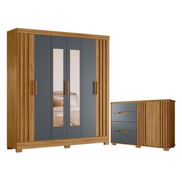 Imagem de Guarda Roupa Casal Valença Com Espelho E Cômoda Texas Freijó Cinza - Moval