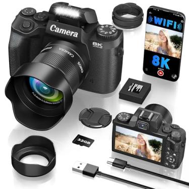 Imagem de Câmera digital 8K para fotografia, WiFi e câmera vlogging com tela sensível ao toque de 4 polegadas para YouTube com lente dupla, câmeras Vlog de 64 MP, zoom digital de 16X com cartão TF de 32 GB