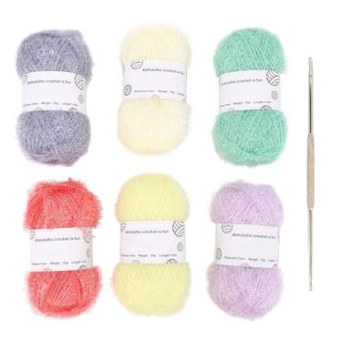 Imagem de Fio Scrubby Sparkle Glitter Pano de prato de crochê feito à mão Bolsa para bonecas 6 rolos Cor pastel Fio multifuncional de alto brilho para artesanato doméstico Fio de algodão em