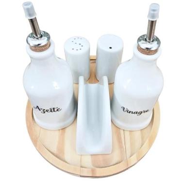 Imagem de Kit Galheteiro 6 Peças com Bandeja de Pinus e Porcelana Branca - Antil