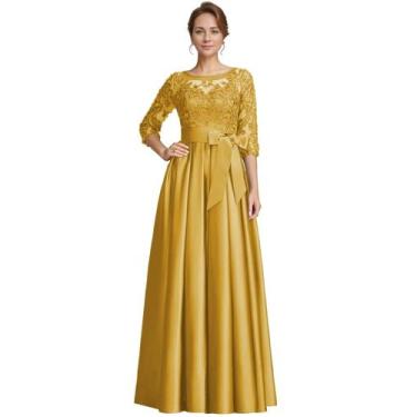 Imagem de Vestido formal raomiao Deep Gold Satin Lace Appliques para mulheres