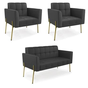 Imagem de Sofá Namoradeira E 2 Poltronas Pé De Ferro Dourado Elisa Corino Preto D03 - D'rossi