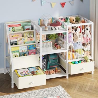 Imagem de Creso hom Estante infantil e armazenamento de brinquedos, estante de bebê Montessori com armazenamento de animais de pelúcia e 2 gavetas, prateleira de livros de 3 camadas para quarto de crianças