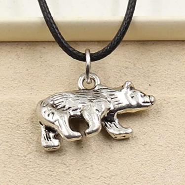 Imagem de EDCRFV Colar pingente de urso tibetano de prata berloque cordão de couro preto feito à mão