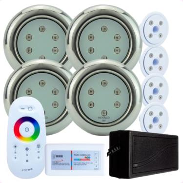 Imagem de Hidraled Kit Iluminação LED RGB para Piscina, 4 Refletores 9W Inox Mini, 4 Nichos para piscina de Vinil, Controle Remoto Touch