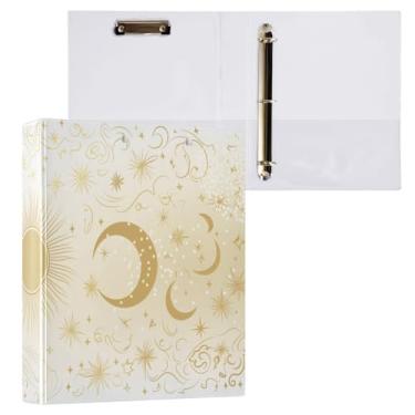 Imagem de Blueangle Fichário com 3 anéis de sol e lua dourados com prancheta e 2 bolsos - Organizador de documentos decorativos de 3 cm para escritório, suprimentos para reuniões (389)