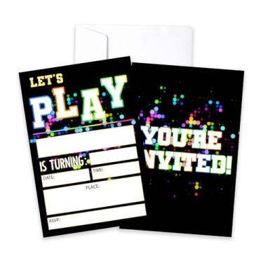 Imagem de CLIRBE Let's Play Convites de festa de aniversário, convites de aniversário de neon para adolescentes e meninas, 20 cartões de convites com 20 envelopes, lembrancinhas de artigos de festa - H15