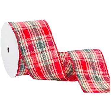 Imagem de Meseey Fita xadrez de Natal com fio de 5,5 cm x 10 metros de fita xadrez de búfalo para artesanato, projetos DIY, embrulho de presente, laço grande, grinaldas (creme)