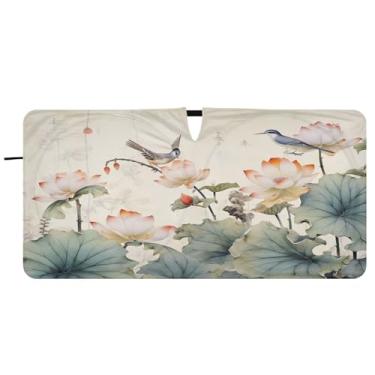 Imagem de Blueangle Guarda-sol para para-brisas florais beija-flores chineses - 149,9 cm x 76,2 cm dobrável para janela dianteira do carro blocos de para-sol raios UV viseira de sol (299)