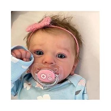 Imagem de Bebê Reborn Realista, Boneca Bebe Reborn Silicone Realista, Olhos Azuis Abertos, Corpo de Pano Macio, 48cm, 1,2 kg, com Certidão de Nascimento, Chupeta, Mamadeira, Tiara Rosa, Presente de Brinquedo