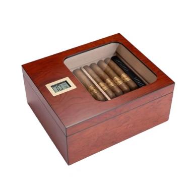 Imagem de Umidor de charuto, caixa de umidificador de charuto com higrômetro e umidificador umidificadores de charutos com tampa de vidro para 55 charutos Umidor de madeira de cedro acessório A
