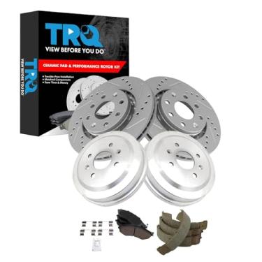 Imagem de TRQ Pastilha de freio dianteiro e traseiro e rotor, kit de sapata e tambor Desempenho de cerâmica revestido com G premium compatível com Chevrolet Aveo 2005-2011 2007-2011 Aveo5 2013-2015 Spark 2009