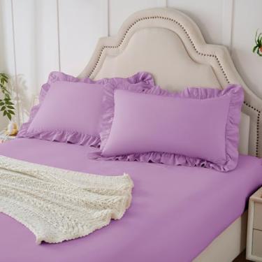 Imagem de Homiest Conjunto de 3 peças de fronhas e lençol com elástico, lavanda King com 2 fronhas com babados, bolso profundo de 38 cm, jogo de cama de microfibra fofo e coquete para decoração de quarto de