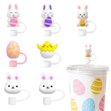 Imagem de 7 peças de capas de palha de silicone de coelho da páscoa topo de palha de ovo de coelho de 10 mm tampa de ponta de canudos fofos para acessórios de copo de 30/1,134 g