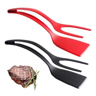 Imagem de Espátula de ovo, pegador 2 em 1 e pinça flip de cozinha e pinças de espátula para panquecas, peixes, viradores de ovos, ferramenta de fritura e grelhar (preto + vermelho)