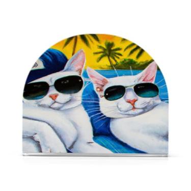 Imagem de JUZIHAI Palms Beach Cats Porta-guardanapos para mesa Dispensador de guardanapos de acrílico para mesa Suporte de lenços independente para cozinha sala de jantar bar festa decoração de casa