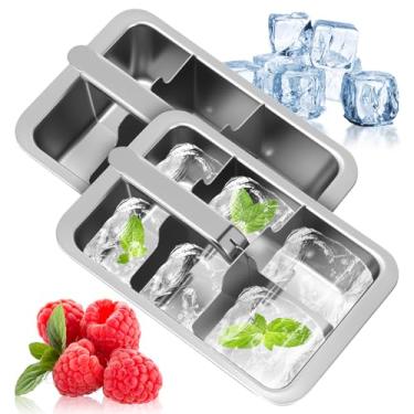 Imagem de 2 bandejas de cubos de gelo de aço inoxidável, 17,78 x 12,7 x 4,6 cm, 6 compartimentos para cubos de gelo com alavanca de liberação, moldes de metal resistente, para freezer, cozinha, coquetel, uísque