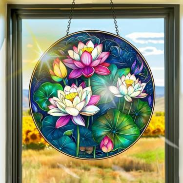 Imagem de Apanhador solar de acrílico colorido, decoração de janela suspensa de lótus, arte de parede de arco-íris, para sala de estar, quarto, varanda, decoração de jardim interno e externo, 19 x 19 cm