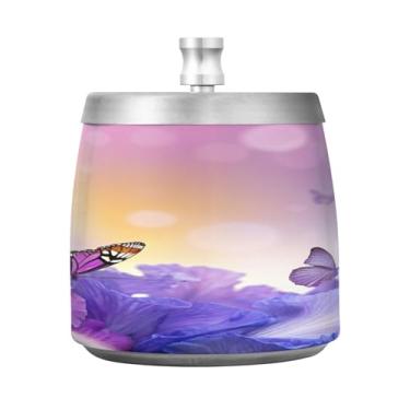 Imagem de JUZIHAI Cinzeiro de hortênsias borboleta com tampa, cinzeiro de aço inoxidável inodoro à prova de vento cinzeiro sem fumaça para escritório em casa, pátio, varanda, cigarro