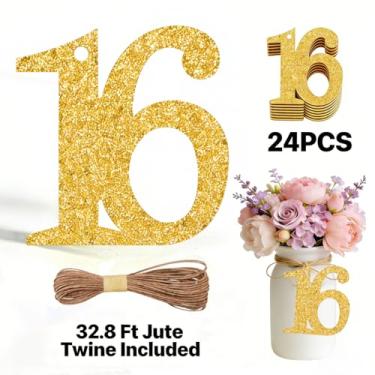 Imagem de ALISSAR 24 peças de etiquetas de ouro com 16 números com barbante de juta de 32,8 m – decorações de aniversário de 16 anos, artigos de festa de 16 anos, peças centrais de pote de pedreiro, kit de