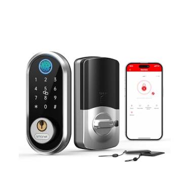 Imagem de Fechadura de porta de entrada sem chave, fechadura inteligente para porta da frente, trava de impressão digital eletrônica compatível com Bluetooth e Alexa, trava automática com aplicativo, prata