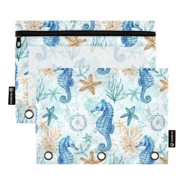 Imagem de Aquarela Cavalos-marinhos azuis perfuradores de três furos para fichário com janela transparente bolsa de papelaria fichário estojo de lápis de longa duração, pacote com 2