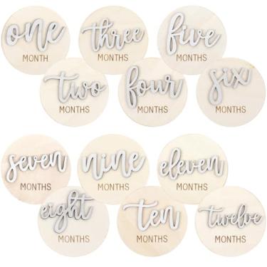 Imagem de 6 PCS Cartões de Marco Mensal para Bebês, Cartões de Marco 3D de Madeira Dupla Face Sinais para Fotos Sinal de Anúncio 1-12 Meses Fotografia Foto Recém-nascido Presente (Branco)