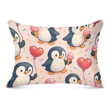 Imagem de Linda capa de almofada de flanela grande com estampa de pinguins de desenho animado para travesseiro padrão Queen King, tamanho do corpo, 53 cm x 137 cm