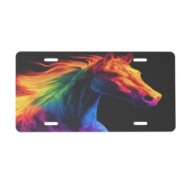 Imagem de Placa de carro animal cavalo arco-íris para frente do carro placas de carro alumínio metal adequado para caminhão placa de porta de carro bar café acessórios automotivos para homens mulheres 15 x 30