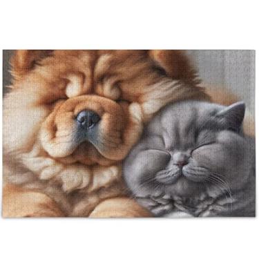 Imagem de Quebra-cabeça personalizado Chow Chow cachorro gato dormindo adulto 500 peças paisagem floral divertido jogo de quebra-cabeça engraçado, 52 cm x 37,8 cm