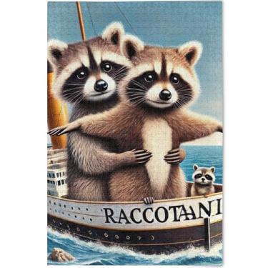 Imagem de Quebra-cabeça fofo guaxinim Titanic adulto 500 peças jogo engraçado paisagem cena quebra-cabeça personalizado arte de pintura animal, 52 cm x 37,8 cm