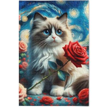 Imagem de Noite estrelada gato rosa flores quebra-cabeça para adultos 500 peças jogo engraçado personalizado arte prima animal arte floral, 52 cm x 37,8 cm