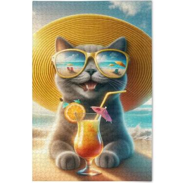 Imagem de Quebra-cabeça de férias de praia de gato fofo personalizado para adultos 1000 peças quebra-cabeça de arte animal engraçado quebra-cabeças difíceis jogo de tecnologia presentes, 75 cm x 50 cm
