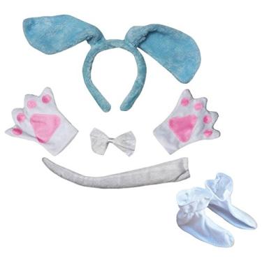 Imagem de Petitebella Tiara de cachorro com laço e luvas infantis 5 peças fantasia (tamanho único, cachorro azul)