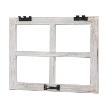 Imagem de Sintosin Moldura de janela pequena rústica para decoração de parede 30,5 x 40,6 cm, painel de janela branco lavado feito à mão para sala de estar, quarto, decoração de parede de janela falsa para